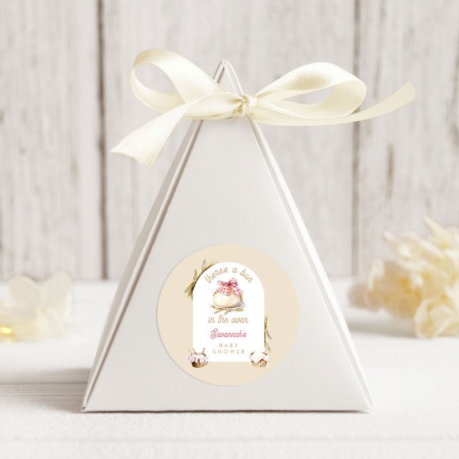 Bun In The Oven Pink Gingham Bow Baby Shower Classic Round Sticker (Creator Uploaded)