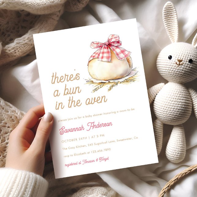 Bun In The Oven Pink Gingham Bow Baby Shower Invitation (Creator Uploaded)