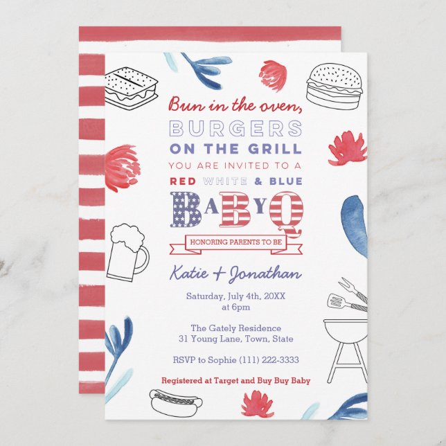 Bun in the Oven Red White Blue Couples Baby Shower Invitation (Front/Back)