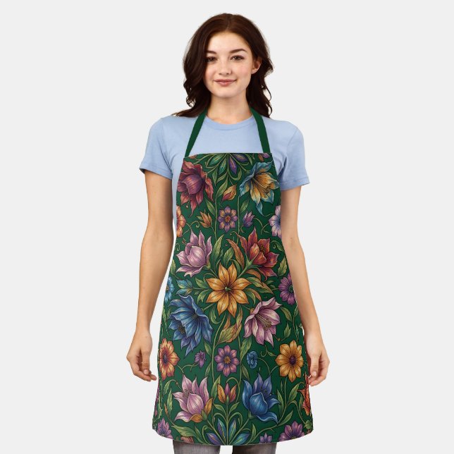 Bunch of colourful flowers on green apron (Worn)