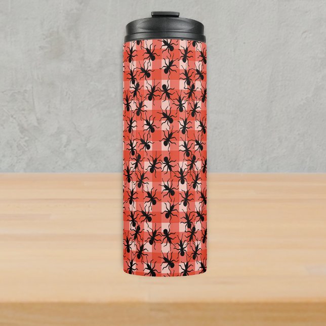 Bunch of crawling Black Ants Red White Tablecloth  Thermal Tumbler (Bunch of black crawling ants on picnic tablecloth red and white plaid thermal drink bottle.)