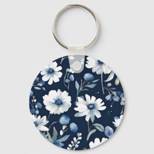 Bunch of Flowers Elegant Watercolor Blue Key Ring