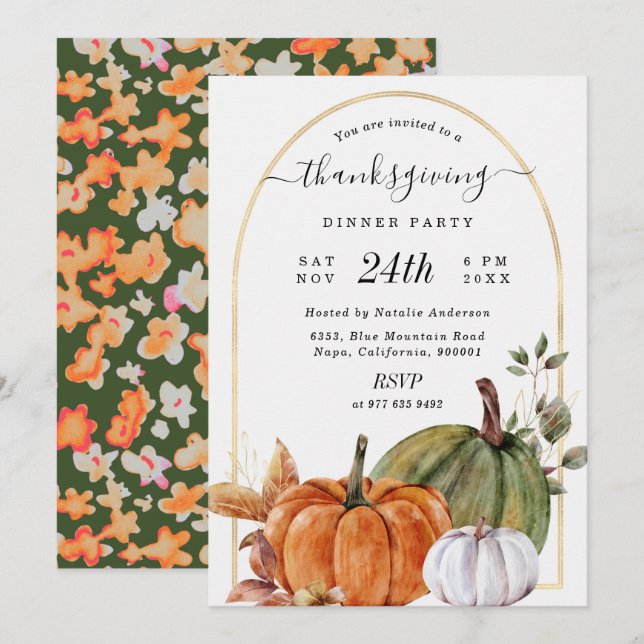 Bunch of Pumpkins Gold Arch Thanksgiving Dinner  Invitation (Front/Back)