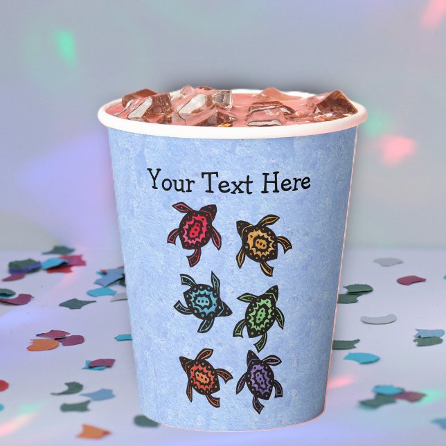 Bunch of turtles Festive Abstract Coloured Shells Paper Cups (Bunch of festive colourful turtles with abstract designs on shells on light blue paper party cups.)