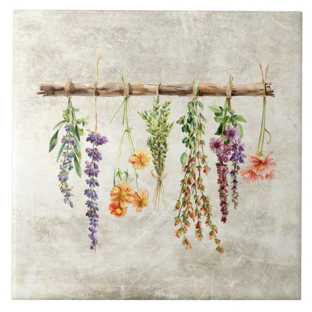 Bunches of Dried Rustic Flowers Vintage  Tile (Front)