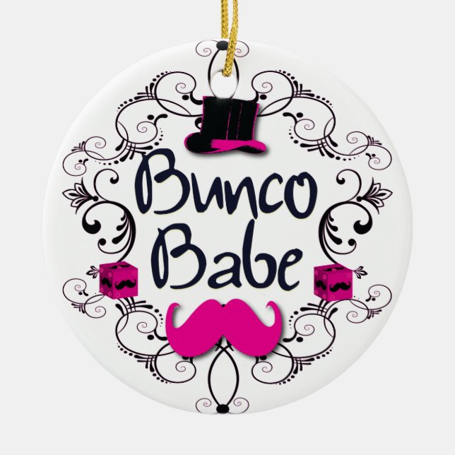 Bunco Babe with Swirls, Moustache and Top Hat Ceramic Tree Decoration (Front)
