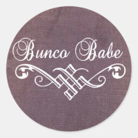 bunco babe with white lettering and purple leather
