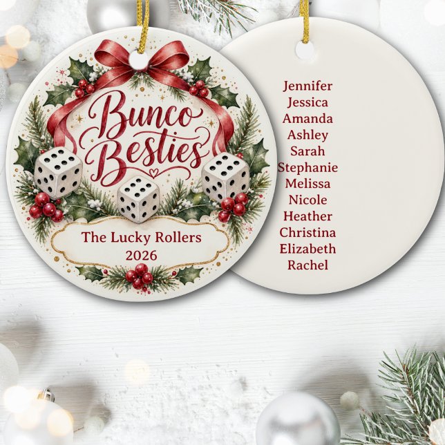 Bunco Besties Ceramic Tree Decoration (Bunco Ornament for your favorite players. Add group name and players name. Fun keepsake. )