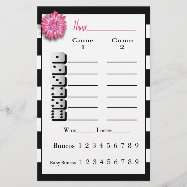 Bunco Black White Pink Flower Score Sheet (Front)