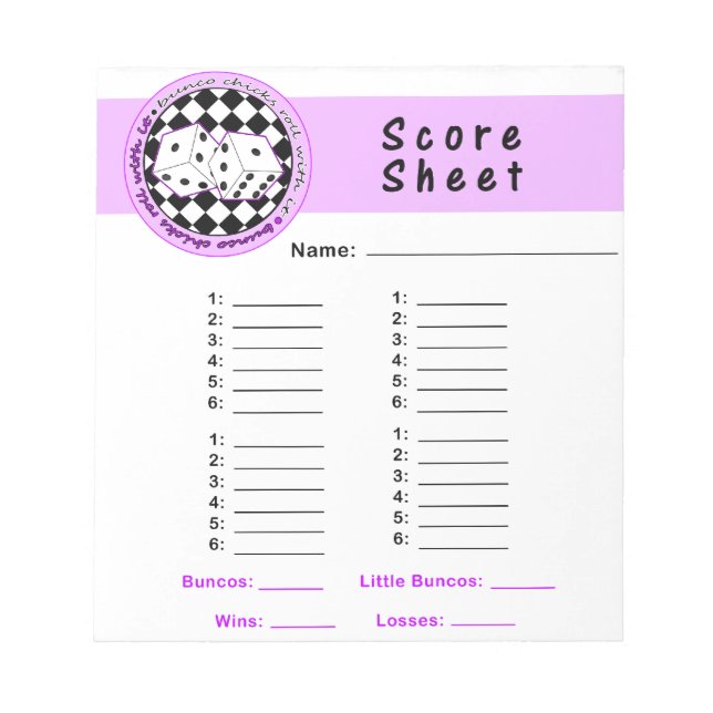 Bunco Chicks Roll with it Score Card - Purple Notepad (Front)