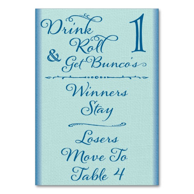 Bunco Funny Drink & Roll  Table Card #1 of 4 (Front)