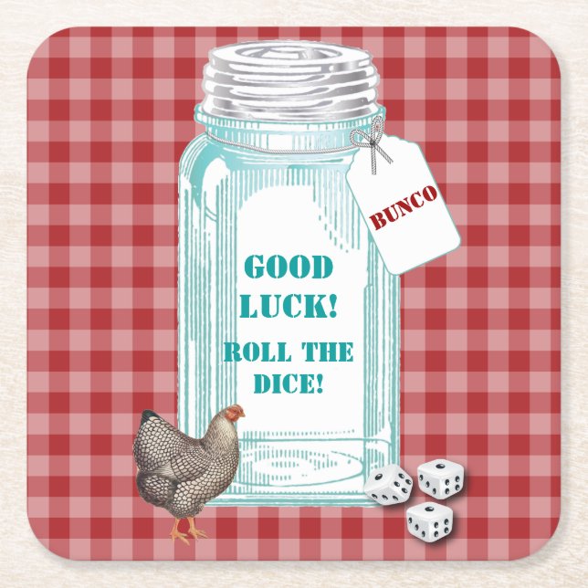 Bunco Good Luck Roll The Dice Country Western Square Paper Coaster (Front)