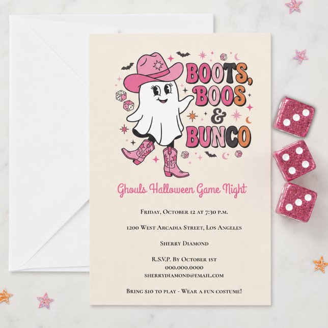 Bunco Halloween Girls Game Night Invitation (Party Night! - Halloween themed Bunco invite. Cute pink cowgirl ghost. )