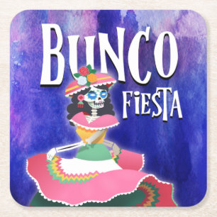 Bunco Party Fiesta Day of the Dead Skeleton Square Paper Coaster
