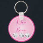Bunco Player I Love Bunco Dice Pink Key Ring<br><div class="desc">This is for the Bunco player that loves to play the game. Pink with three white lucky dice. Modern and can text can be customised with a players name or other quote.</div>