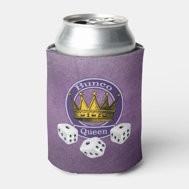 Bunco Queen Sparkle Girly Purple Dice Gold Crown Can Cooler (Can Front)
