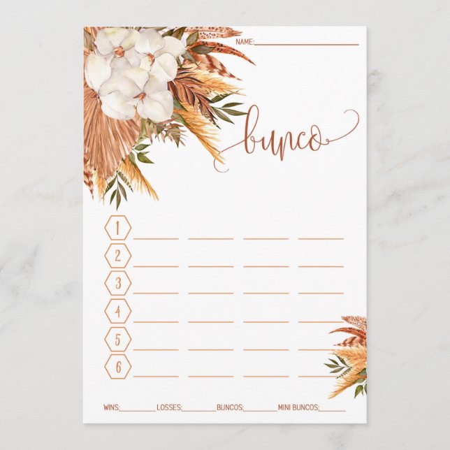 Bunco Score Card Fall Floral Pampas Grass (Front)