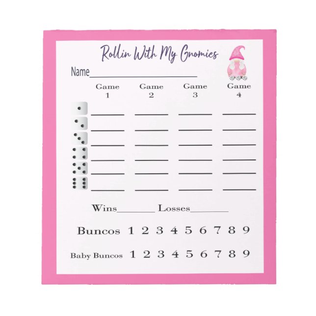 Bunco Score Sheet Pad Cute Gnome Pink (Front)