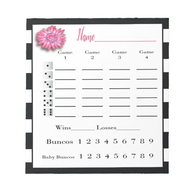 Bunco Score Sheets Black and White Pink Flower Notepad (Front)
