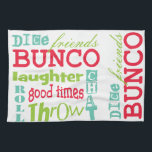 Bunco Subway Art Design By Artinspired Tea Towel<br><div class="desc">Fun multicolor subway art graphic bunco design.  Background colour can be changed.  Featured are the words friends,  bunco,  dice,  throw,  toss,  chat,  laughter and good times.  Makes a great and clever prize or gift.  Great for your next Bunco event.</div>