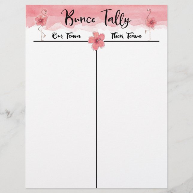 Bunco Tally Score Sheet Tropical Pink Flamingo Fun (Front)