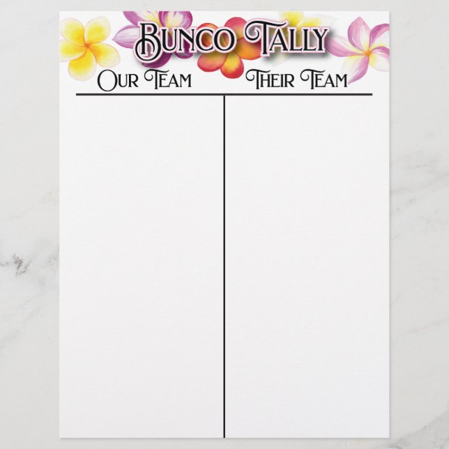 Bunco Tropical Aloha Flowers Tally Score Sheet (Front)