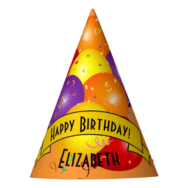 Bundle of Colourful Balloons and Confetti Birthday Party Hat (Front)