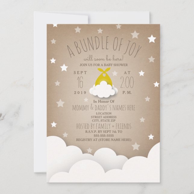 Bundle of Joy Clouds + Stars Baby Shower Invitation (Front)