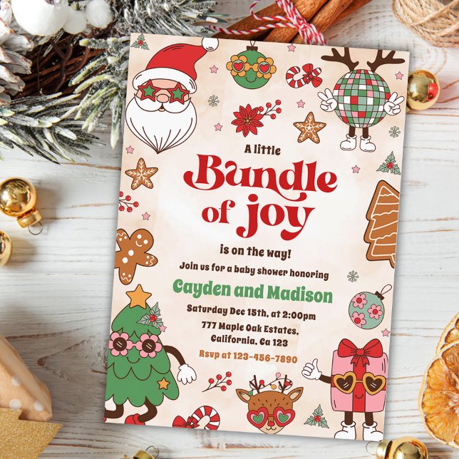 Bundle Of Joy Retro Christmas Baby Shower Invitation (Creator Uploaded)
