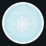 Bundle of Joy Snowflake Blue Baby Shower Classic Round Sticker<br><div class="desc">A baby shower sticker featuring an illustration of a snowflake incorporated intro phrase "Bundle of Joy."  Background is blue.</div>