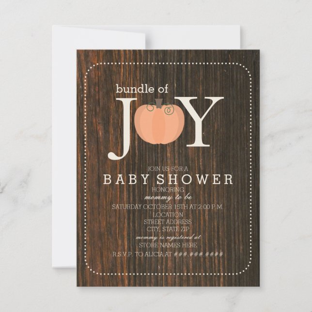 Bundle Of Joy Wood Inspired Pumpkin Fall Baby Invitation (Front)