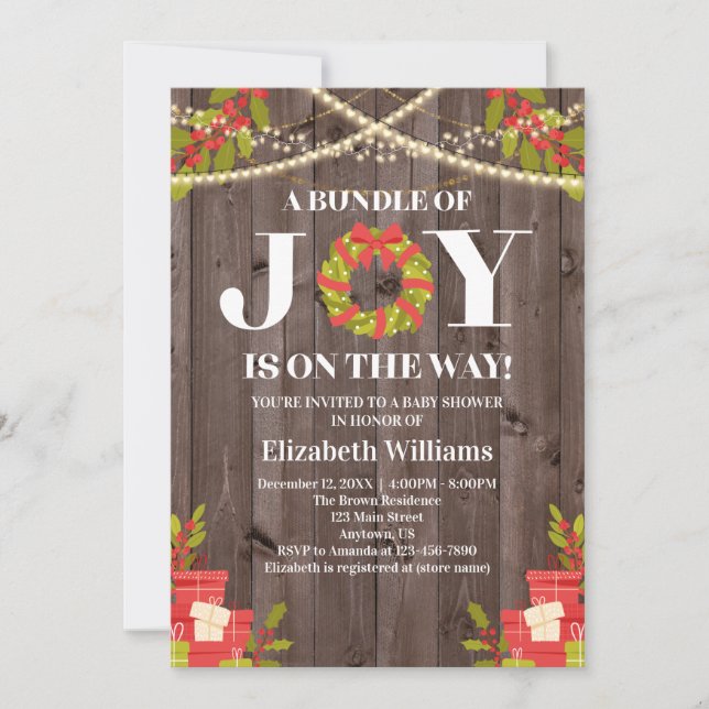 Bundle Of Joy Wreath Wood Christmas Baby Shower Invitation (Front)