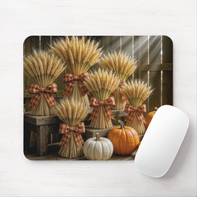 Bundled Wheat Sheaves In Barn With Pumpkins Mouse Pad (With Mouse)