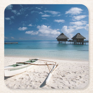 Bungalows from beach Motu Toopua Square Paper Coaster