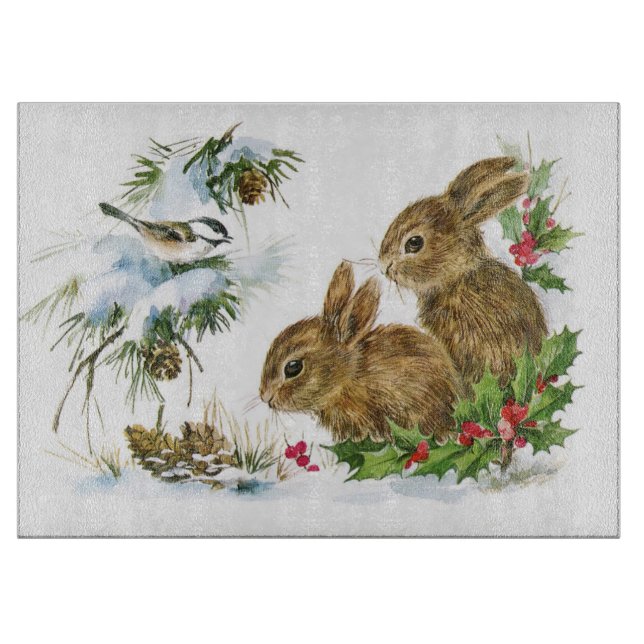 Bunnies and Bird Enjoy Snow Christmas Cutting Board (Front)