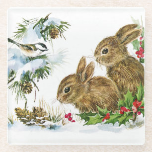 Bunnies and Bird Enjoy Snow Glass Coaster