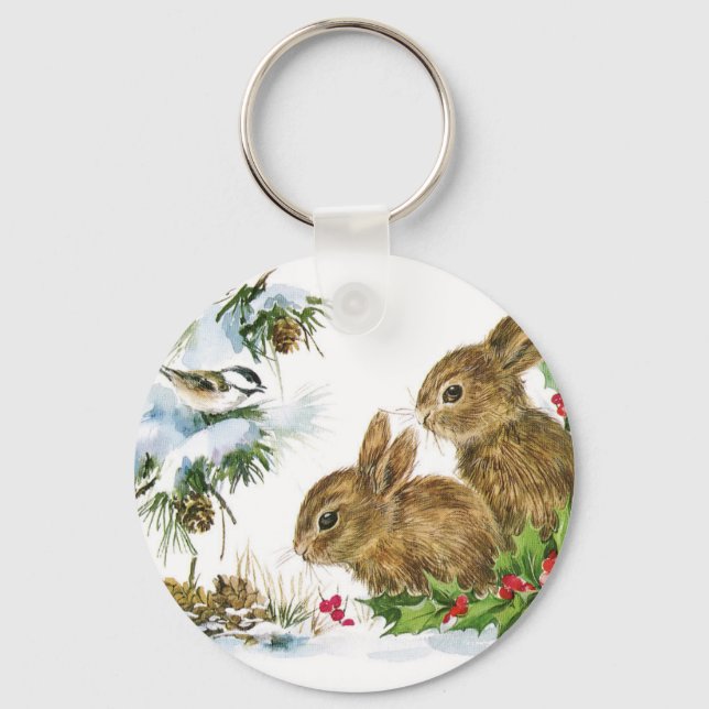 Bunnies and Bird Enjoy Snow Key Ring (Front)
