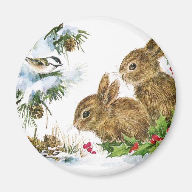 Bunnies and Bird Enjoy Snow Magnet (Front)