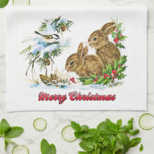 Bunnies and Bird Enjoy Snow Merry Christmas Tea Towel