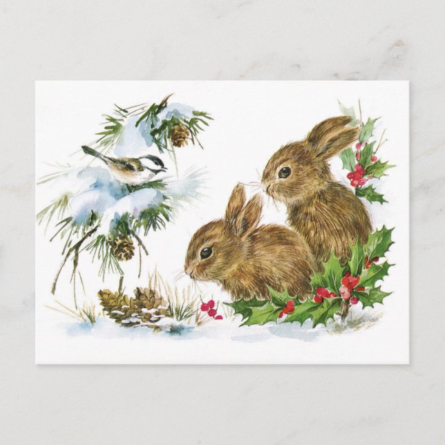 Bunnies and Bird Enjoy Snow Postcard (Front)