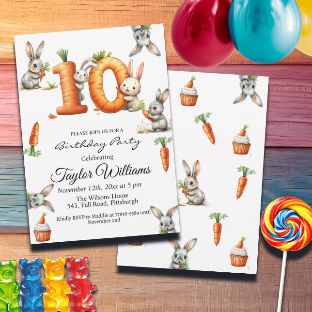 Bunnies and Carrots 10th Birthday Party Invitation (Creator Uploaded)