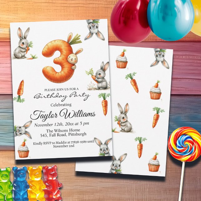 Bunnies and Carrots 3rd Birthday Party Invitation (Creator Uploaded)