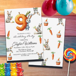 Bunnies and Carrots 9th Birthday Party Invitation