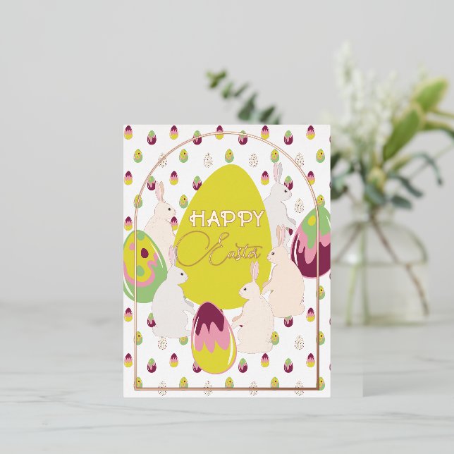 Bunnies and easter eggs. foil holiday postcard (Standing Front)