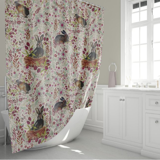 Bunnies Berries Baskets Summer Meadows Shower Curtain (Bunnies Berries Baskets Summer Meadows Shower Curtain by Jenn Steffen for Studio Posies.)