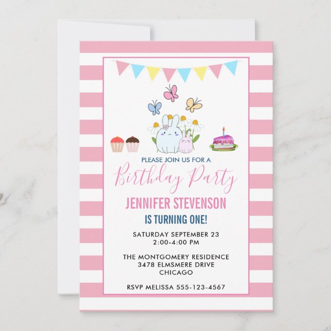 Bunnies, Butterflies & Daisies Birthday Party Invitation (Front)