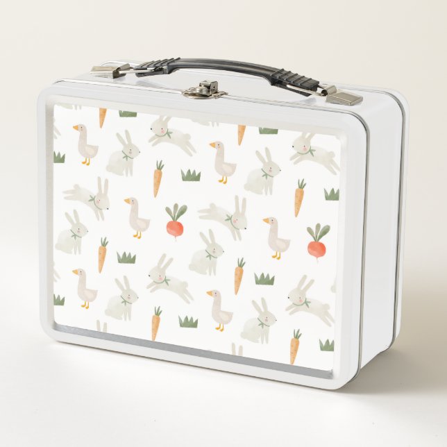 Bunnies & Ducks on the Farm Pattern Metal Lunch Box (Front)
