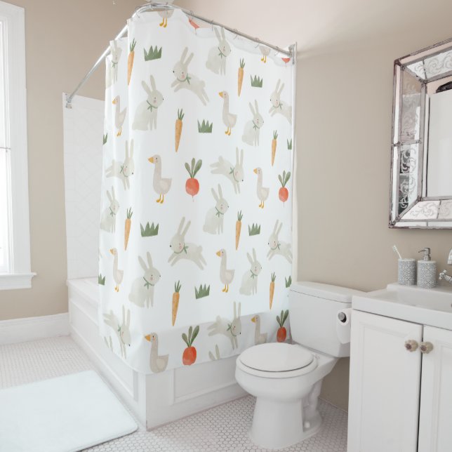 Bunnies & Ducks on the Farm Pattern Shower Curtain (In Situ)