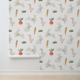 Bunnies & Ducks on the Farm Pattern Wallpaper