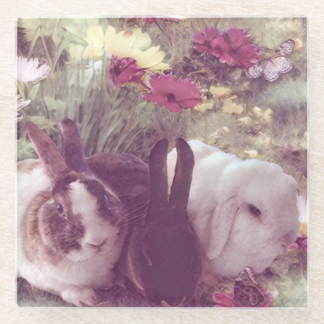 Bunnies in a Garden Glass Coaster (Front)